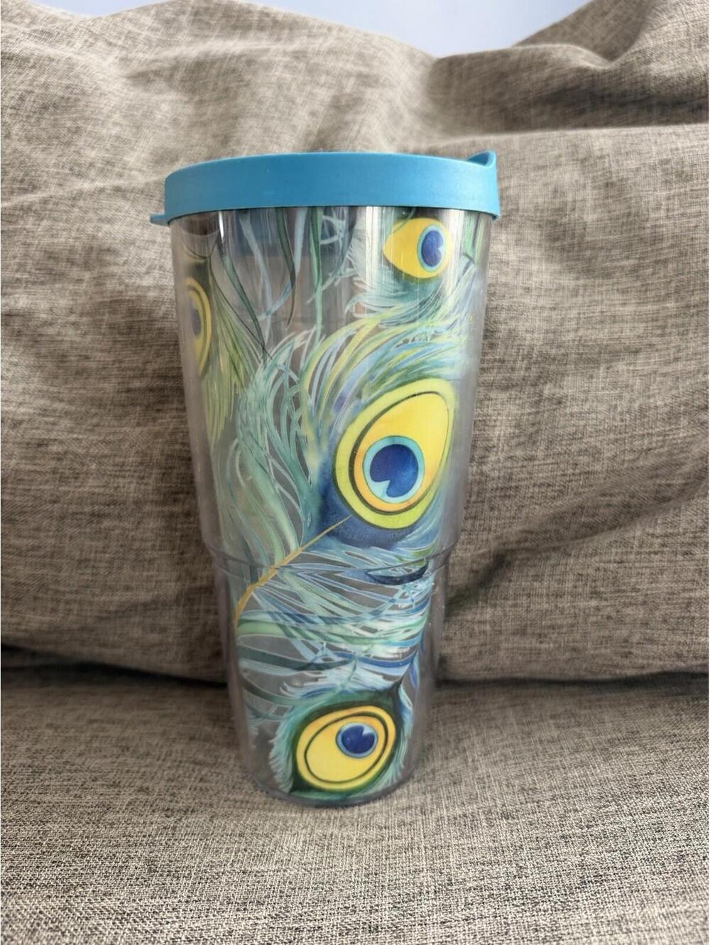 Tervis Tumbler 24oz Peacock Feather Design Plastic Tumbler Blue Lid
